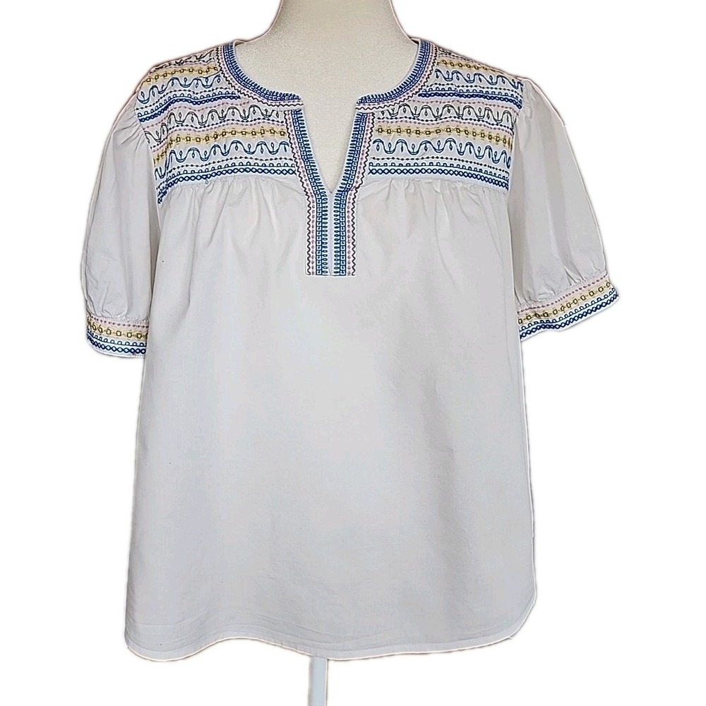 Womens Embroidered Puff Sleeve Peasant Top PXL‎ White Cotton Relaxed Boho Resort
